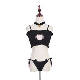 Wholesale-Cosplay Kawaii Lingerie Set Cat Embroidery Bra Briefs Bell Choker Collar Women Underwear 301N
