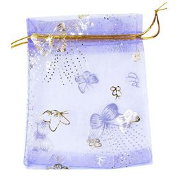 10x12cm 100pcs lot Purple Butterfly Print Wedding Candy Bags Jewelry Packing Drawable Organza Bags Party Gift Pouches 275i