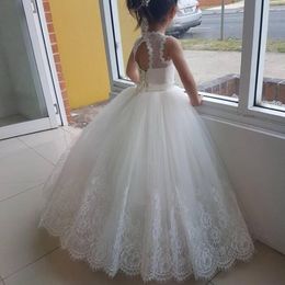 White Ivory Flower Girls Dress Lace Appliques Tulle Floor Length Backless First Communion fluffy Party Dresses 206H