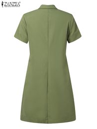 ZANZEA Women Summer Cargo Dress Fashion Solid Shirt Vestidos Vintage Loose OL Work Sundress Green Elegant Holiday Dresses Kaftan