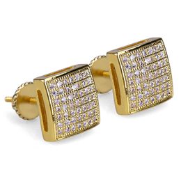 14K Gold Plated Hip Hop Micro Paved CZ Square Curved Back Screw Back Stud Earring for Men Women 254h