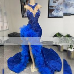 Royal Blue vestidos de gala Giltter High Split Prom Dresses 2024 Rhinestone Beading Ruffles Sequin Mermaid Birthday Party Gowns
