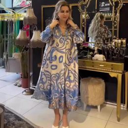 Casual Dresses Long Sleeve Turn Down Collar Abaya Dubai Printing Muslim Dress For Women Arabic Femme Elegance Abayas Turkey Islamic Clothing