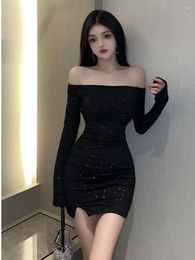 Casual Dresses 2024 Spring Sexy Spicy Girl Off Shoulder Sequin Long Sleeve Slim Wrap Buttocks Solid Colour Dress Women's Clothing YG2E