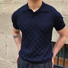 Vintage Plaid Jacquard Knitted Polo T Shirts Men Summer Casual Breathable Thin Knit Tops Mens Knitwear Fashion Slim Polo Shirts 240527