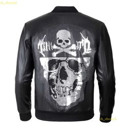 Plein-Brand Men's PP Skull Embroidery Leather Fur Jacket Thick Baseball Collar Jacket Coat Simulation Motorcycle racing suit 793