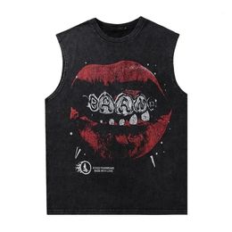 Lip Print Pattern Washed T Shirt Vintage Loose Tank Top Casual mans Sleeveless Cotton Tshirt Streetwear Oversize Tops Vest 240527