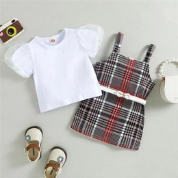 Clothing Sets Cute Born Outfits Baby Infant Girls Short Bubble Sleeve Tops Plaid Suspender Skirt Outfit Princess Take Home