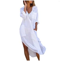 Basic Casual Dresses Women S Summer Bathing Suit Er-Up Solid Long Sleeve Lapel Side Slit Mid-Length Shirt Dress Beachwear Drop Deliver Dhdcj