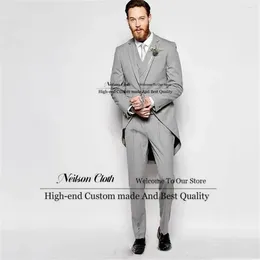 Men's Suits Gray Tailcoat Male Prom Blazers Notched Lapel Groom Wedding Tuxedos 3 Pieces Sets Men Slim Fit One Button Costume Homme