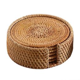 Mats & Pads 6pcs Handmade Woven Rattan Cup Coasters With Basket Non-slip Placemat Tea Trays Coffee Mugs Table Mat Insulation Tableware 245T