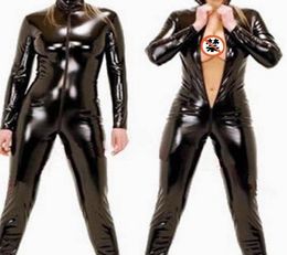 Sexy Wetlook Black Catwomen Jumpsuit PVC Spandex Latex Catsuit Costumes for Women Body Suits Fetish Leather clothe Plus Size 4XL Y1562519