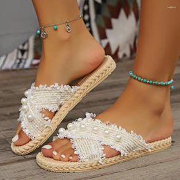 Sandals 2024Canvas Design Summer Slippers Fashion Women Simple Round Toe Flats Silver Pearl Decoration Sandalias Mujer