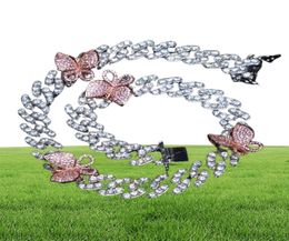 2020 iced out bling cz Miami cuban link chain PINK Butterfly charm choker necklace hip hop rock bling wide cool women jewelry1300771