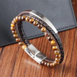 Charm Bracelets Punk Men Natural Stone Beads Leather Combination Bracelet For Magnetic Clasp Tiger Eye Bead Bangle Jewelry