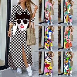 Varejo mulheres maix vestidos designer 2024 novo padrão impresso de manga longa de manga longa botão de botão de bolso de bolso 24 cores