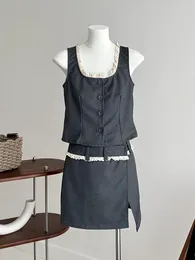 Work Dresses Summer 2024 Outfits 2 Piece Skirts Set Grey Square Collar Single Breasted Button Tank Top Women Design Sexy Slim Ripped Skirt