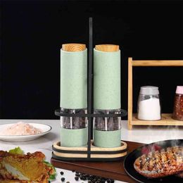 Wheat Straw Electric Salt Pepper Grinder Set LED Light Automatic Spice Herb Mill Adjustable Coarseness Ceramic Core Kitchen Tool 210611 254p