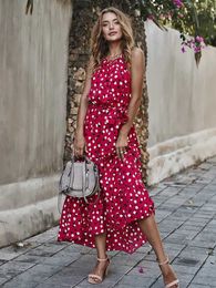 Basic Casual Dresses Summer Dot Print Women Lace Up High Waist O Neck Big Swing Long Vacation Style Dress Y240524