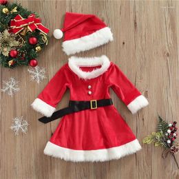 Girl Dresses Blotona Little Girls Christmas Skirt Set Fluffy Stitching Boat Neck Long Sleeve Dress Hat Waist Belt Suit For Kids 1-5Years