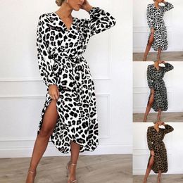 Casual Dresses 2024 Spring Summer Fashion Women Boho Maxi Dress Sexy Leopard Print Wrap Lady Long Sleeve Belted Party Beach
