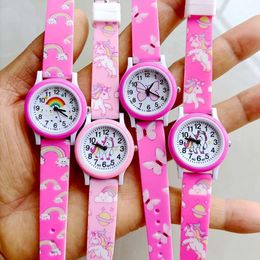 Children's watches Rainbow Cloud Butterfly Printed Silicone Band Childrens Boys and Girls Student Quartz Birthday Party Gift Watch Y240527