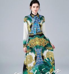 Green Scarf printed highwaisted long skirt with slim fit longsleeved dress summer bow collar Aline AnkleLength1325506