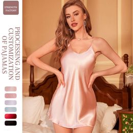 2024 New Women's Fresh Short Dress Home Casual Breathable Pajamas Sleepwear Solid Color Simulated Silk Home Clothing
