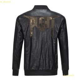 Plein-Brand-Männer PP-Schädel Stickerei Lederfell Jacke Dicke Baseballkragen Jacke Mantel Simulation Motorrad Rennanzug 444