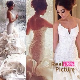 Custom Made Hot Sale Sexy Mermaid Wedding Dresses Lace Up Organza Chapel Train Lace Applique Bridal Gowns Cheap Plus Size 241v