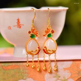 Dangle Earrings Ancient Gold Craft Inlaid Natural An White Jade Water Drops Court Style For Women Vintage Enamel Lotus Jewellery