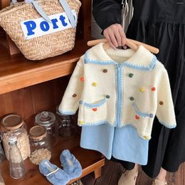Clothing Sets Two Pieces Autumn Baby Girls Clothes Beige Colourful Dotted Zipper Knitted Coats Cardigans Blue Loose Wide Leg Pants
