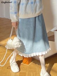 Skirts Corduroy Midi Women Back-slit Simple Sweet Girls Ins Loose Elastic Waist Autumn Ruffles Students Japan Kawaii Vintage