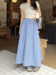 Skirts Korean Women Blue Pink Black Plaid Elastic High Waist Skirt Summer Holiday A-line Pleated Long Casual Streetwear