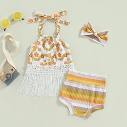 Clothing Sets Baby Girl Summer Outfit Flower Print Tassel Hem Tie-Up Halter Neck Sleeveless Tank Tops Stripe Shorts Headband 3Pcs Clothes
