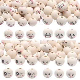10pcs 20mm Natural Round Wood Beads Smiling Cat Wooden Ball Loose Spacer Beads For Handmade Craft Jewelry Making Diy Supplies