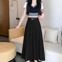 Skirts Vintage Pleated Long Skirt Women Summer College Style High Waist A-line Midi With Belt Korean Clothes