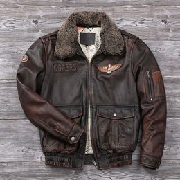 New cotton for men's winter air force flight suit, top layer cowhide fur collar jacket, distressed leather jacket