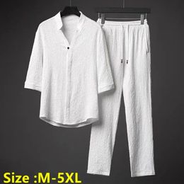 Mens Two Piece Pant Sets Spring Summer Short Sleeve Shirt And Pants Outfits For Men Solid Cotton Linen Clothing Male 240527