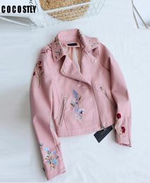 Women039s Leather Faux Autumn Biker Jacket Women Embroidered Bomber Floral Print Pink Black Motorcycle4710734