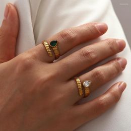 Wedding Rings Open Ring 18K Gold Plated 316L Stainless Steel Zircon For Women Green Chunky Finger Waterproof Jewellery 296j