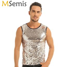 MSemis mens glitter sequin vest top fashion summer crop vest ultra-thin muscle vest top hip-hop club costume stage carnival costume 240522