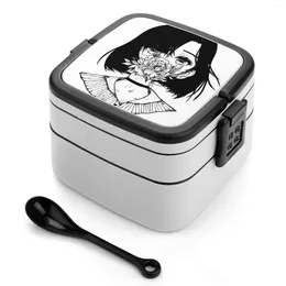 Dinnerware Anime Girl Black And White Bento Box Portable Lunch Wheat Straw Storage Container Kawaii Cute
