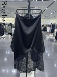 Skirts 2024 Satin Black Skirt Elegant High Waist Sexy Lace Patchwork Woman Midi Women Official Store
