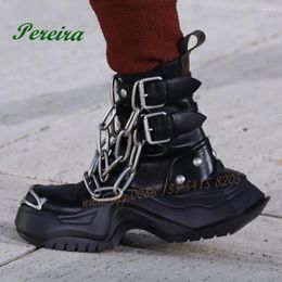 Boots Black Chain Decor Ankle Functional Wind Round Toe Metal Thick Heeled Women's 2024 Luxury Runway Shoes Sexy Cool Boy