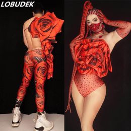 Valentine's Day Party Show Men Women Group Dance Costume Red Rose Flower Crystals Bodysuit Nightclub Bar DJ Dancer Stage Wear Sexy 239q