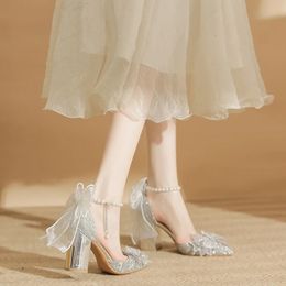 summer banquet sexy high heels women chunky heels pointed silver wedding shoes sequined fairy style sandals 6cm 8cm 240514