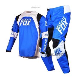 Cycling Jersey Sets Delicate Fox 180 Trice Lux Jersey Pants 2022 Gear Set MTB Bike Kits Mountain Bicycle Offroad Street Moto Blue White Suit Men
