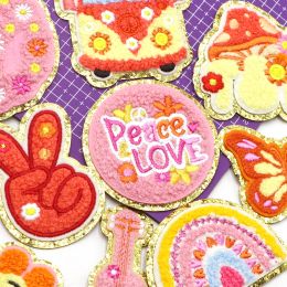 New Retro Peace Love Rainbow Chenille Towel Embroidered Iron On Patches with Gold Glitter Sequins Girl Clothing Decoration