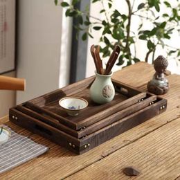 Decorative Figurines 32/36/40cm Handmade Wooden Tray With Handle Black Walnut Platter Kitchen Storage Farmhouse Tea Coffee Cup